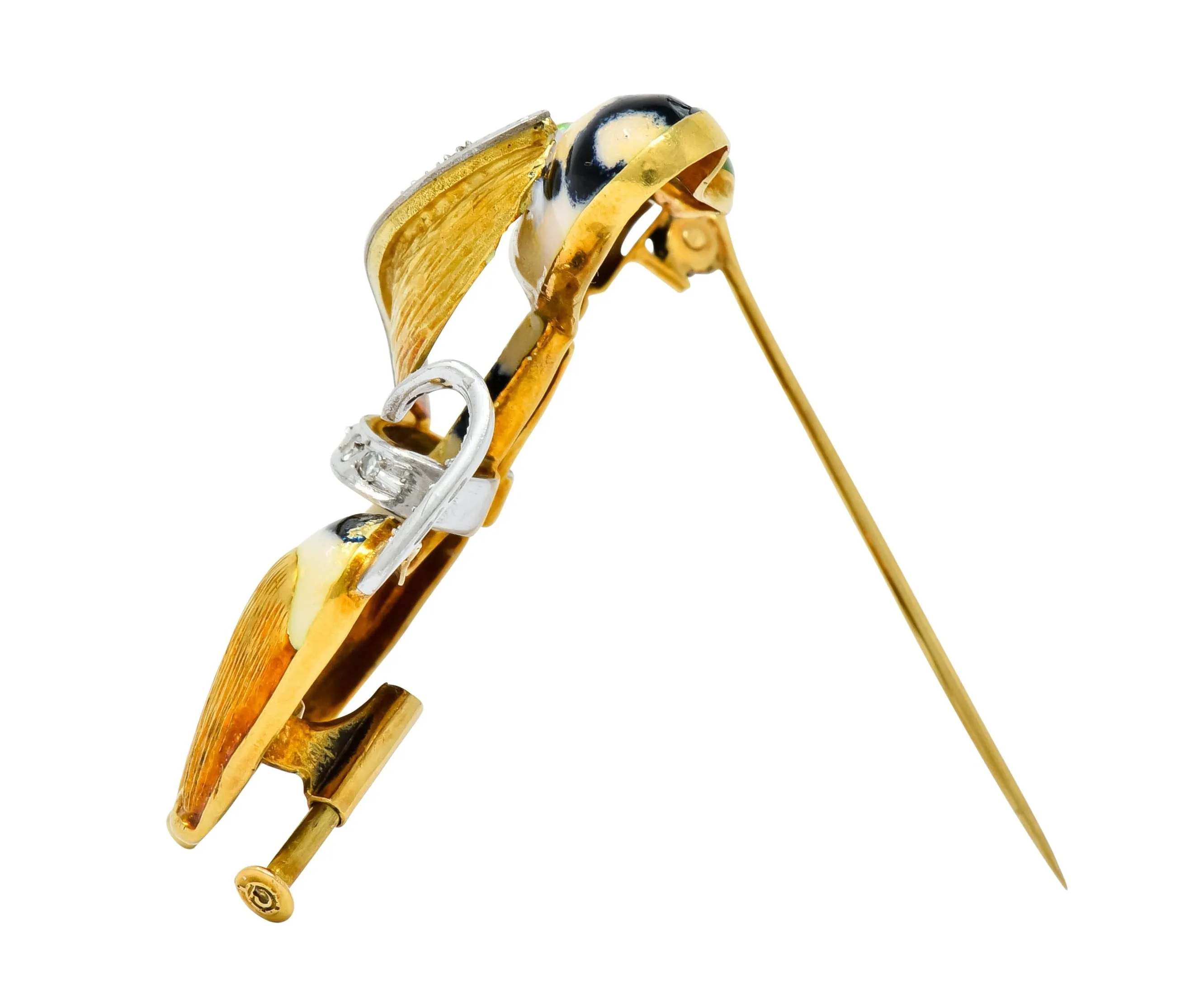 1960's Vintage Enamel Diamond 18 Karat Gold Prancing Dog Brooch