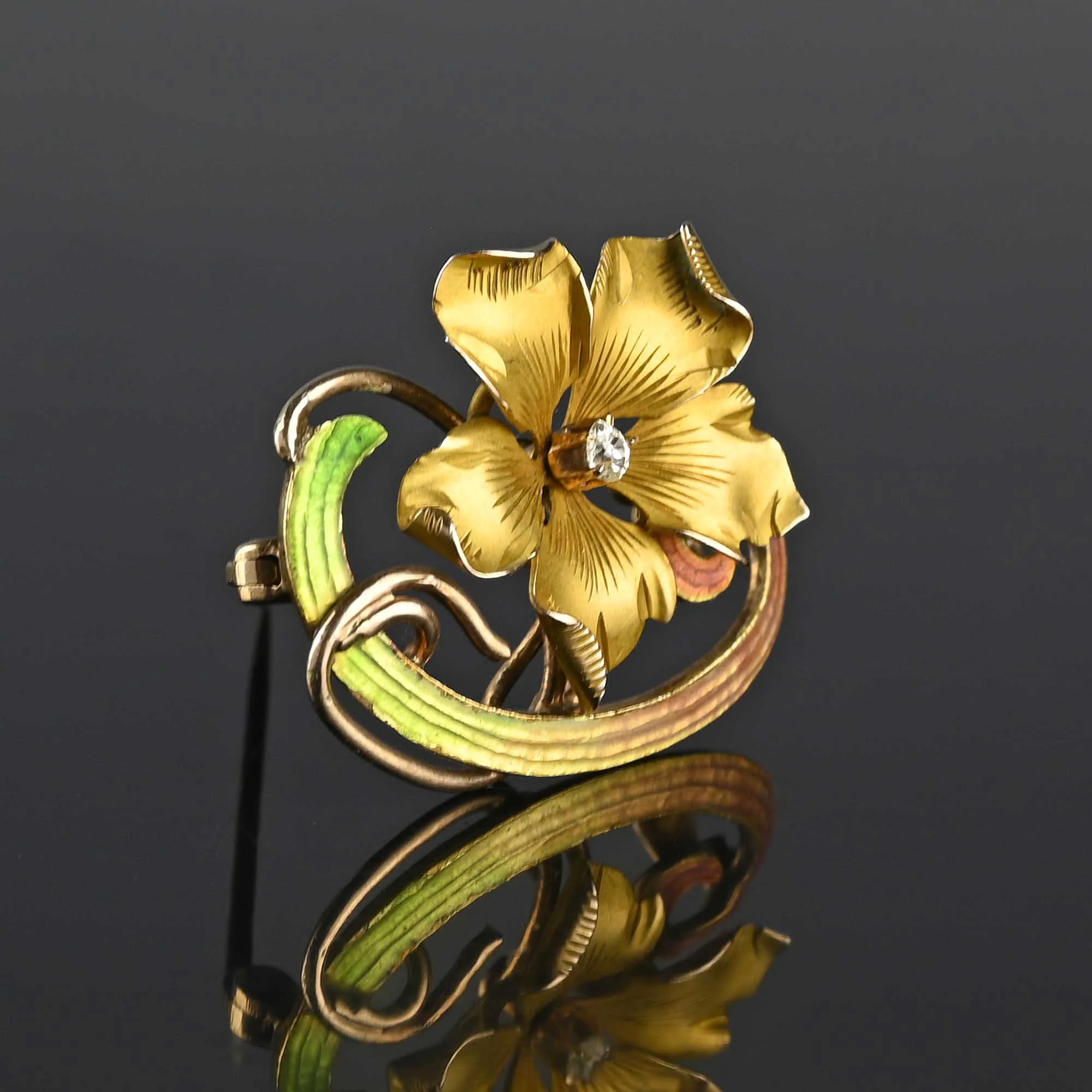 Art Nouveau Diamond Enamel Forget Me Not Brooch Pin