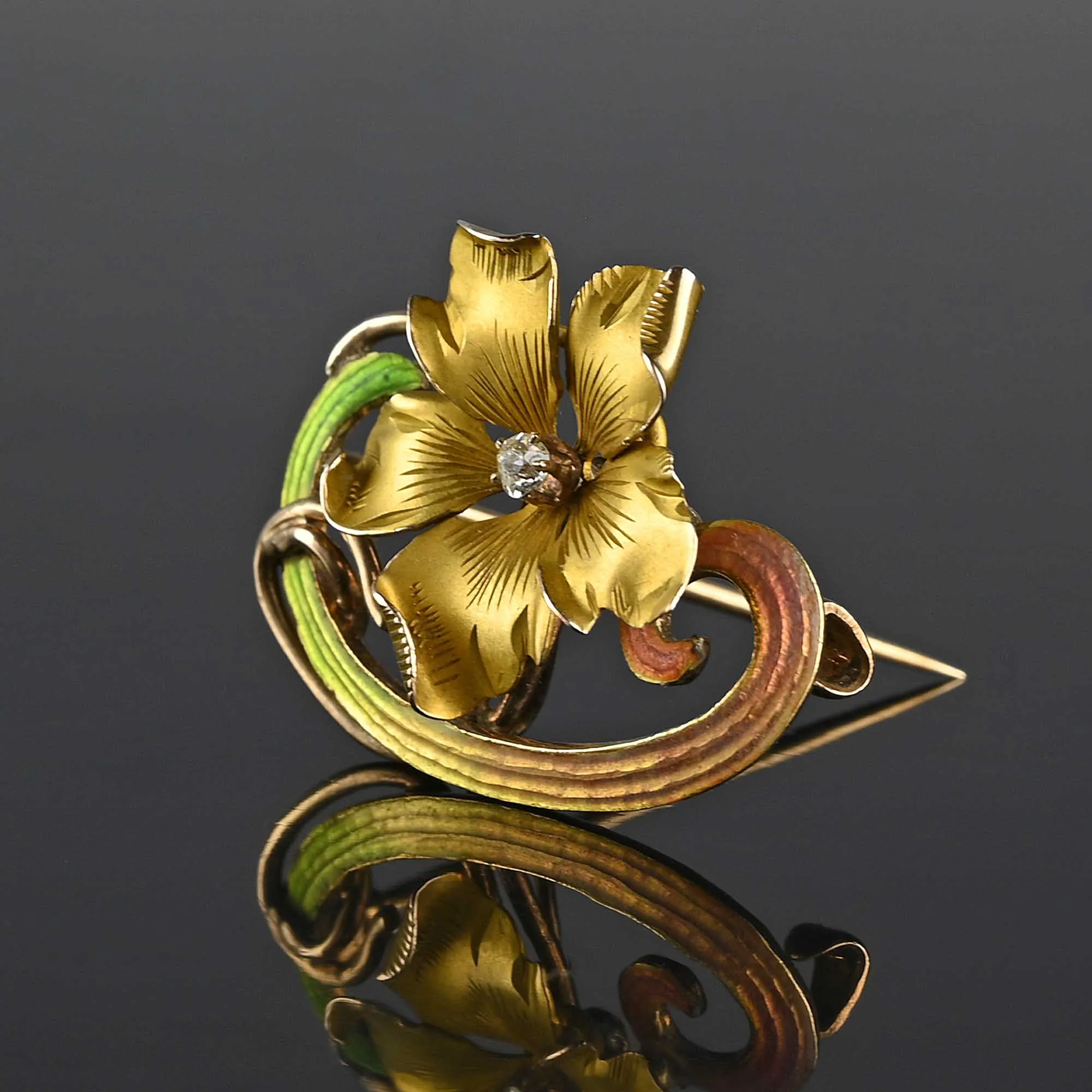 Art Nouveau Diamond Enamel Forget Me Not Brooch Pin