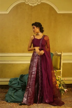 Aubergine Origami Bustier with Printed Lehenga, Organza dupatta