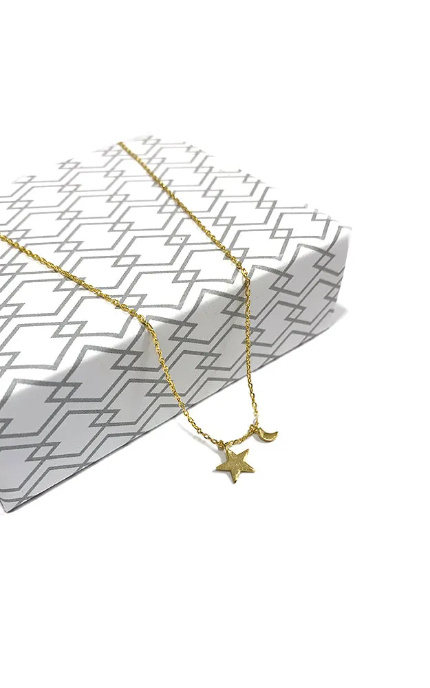 BJNA028GD Gold "Star with Moon" Pendant Necklace