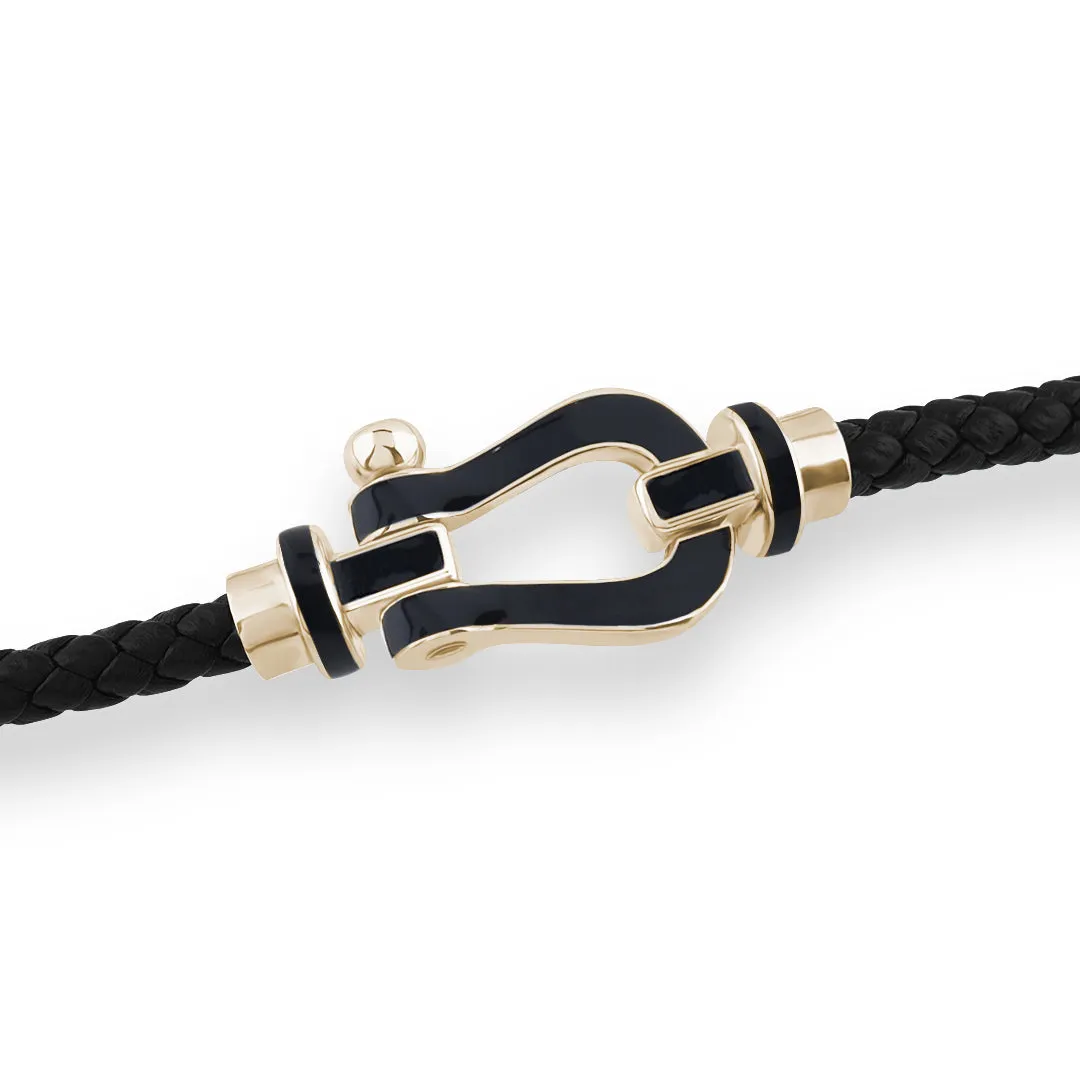 Black Enamel Buckle Leather Bracelet in Gold