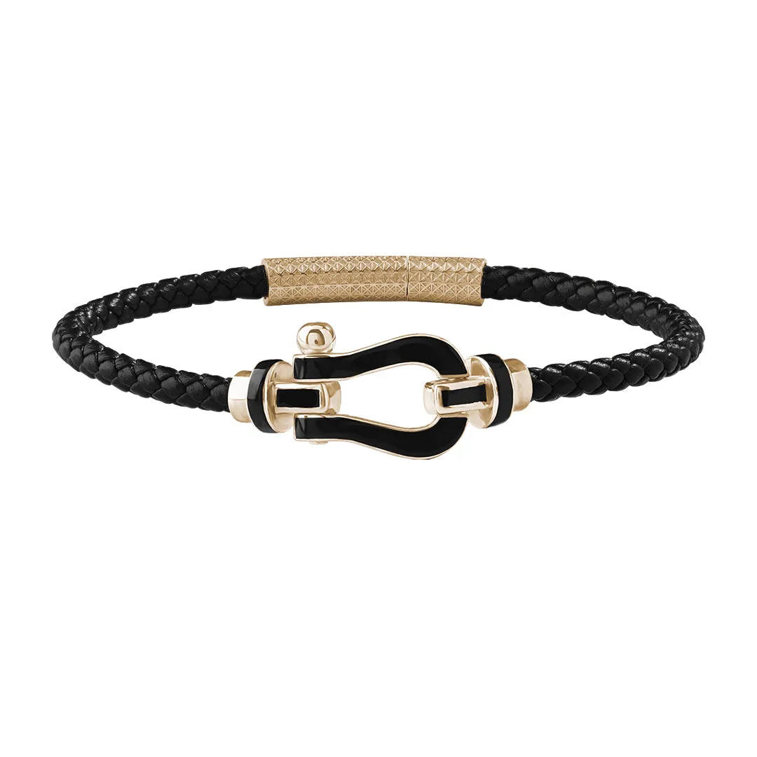 Black Enamel Buckle Leather Bracelet in Gold