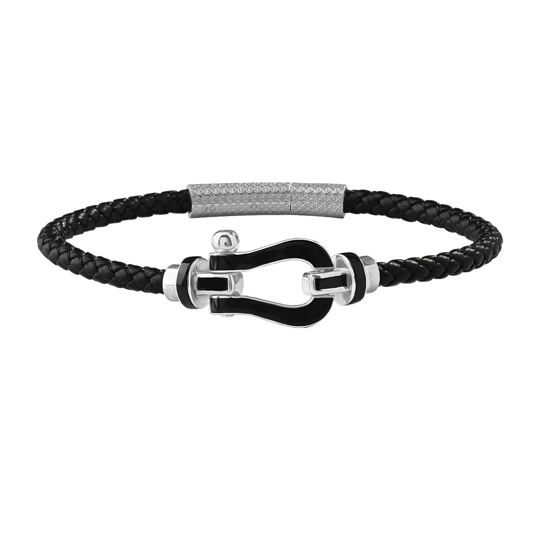 Black Enamel Buckle Leather Bracelet in Gold