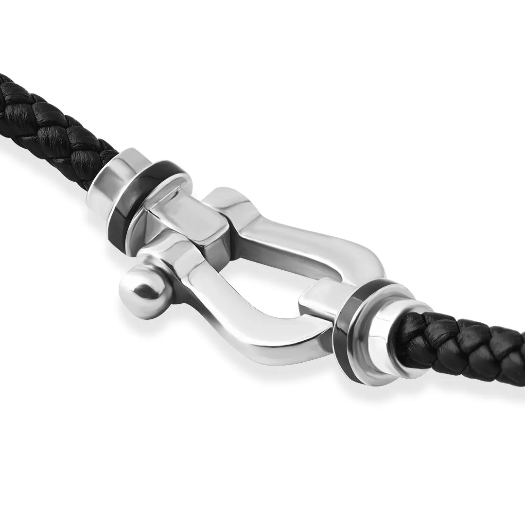 Black Enamel Buckle Leather Bracelet in Gold