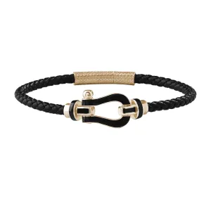 Black Enamel Buckle Leather Bracelet in Gold