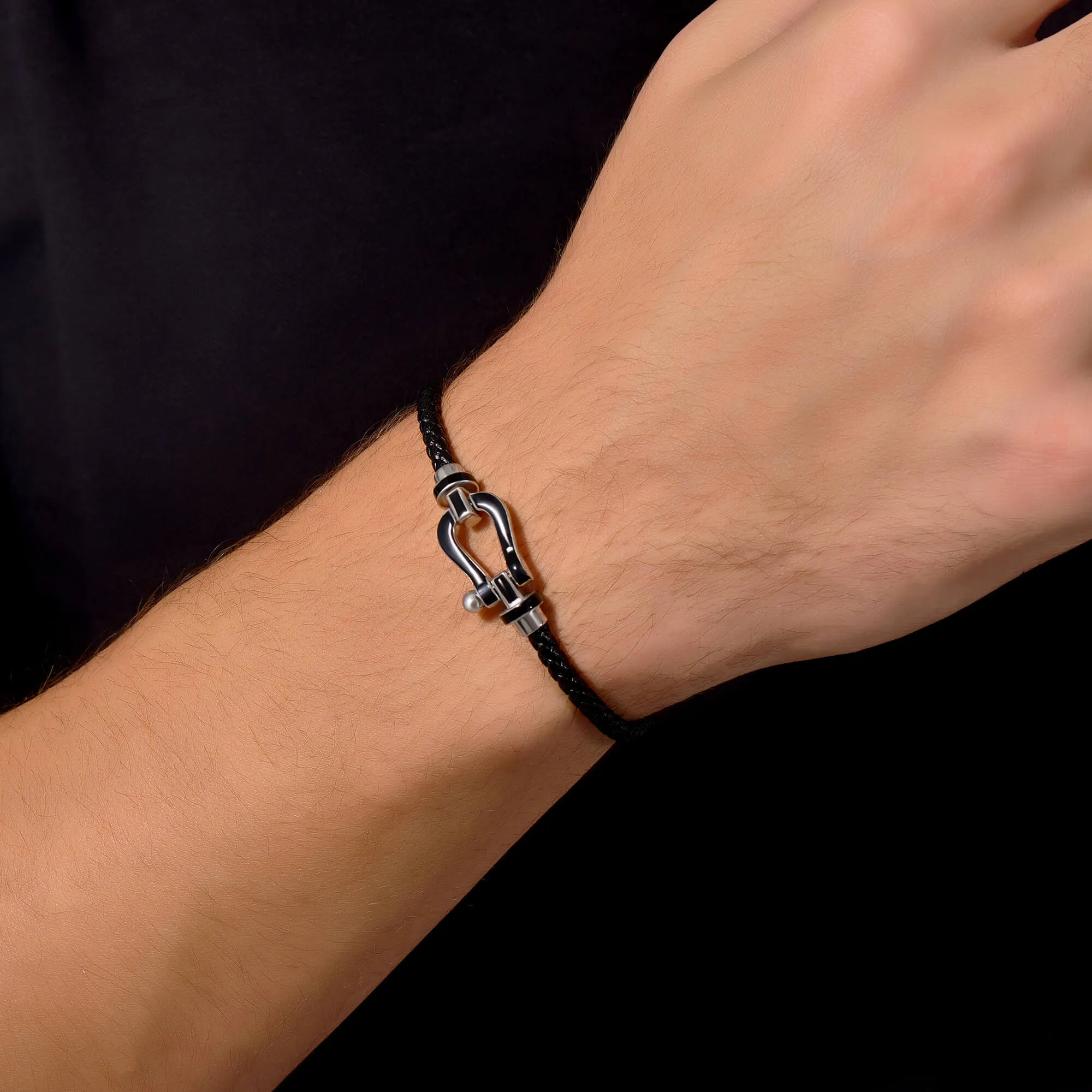 Black Enamel Buckle Leather Bracelet in Gold