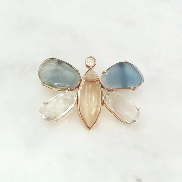 Blue Agate, Green Amethyst, White Zircon & Ctrine Butterfly Brooch Pin