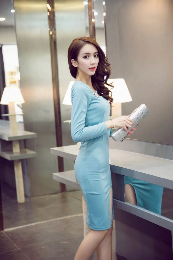 Dress Green Long Sleeved Sexy Butterfly Slit