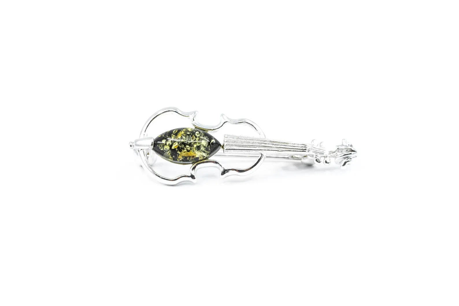 Exquisite Classic Green Amber Violin Brooch - Sterling Silver Body | Ideal Gift for Violinists & Music Lovers