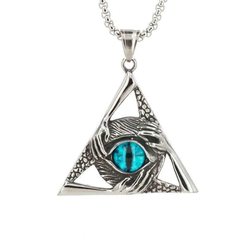 Eye Of Providence Pendant - Silver Titanium Steel Green & Blue All Seeing Eye Stone