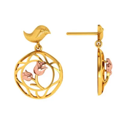 Gold Earrings With A Cute Bird And Floral Design