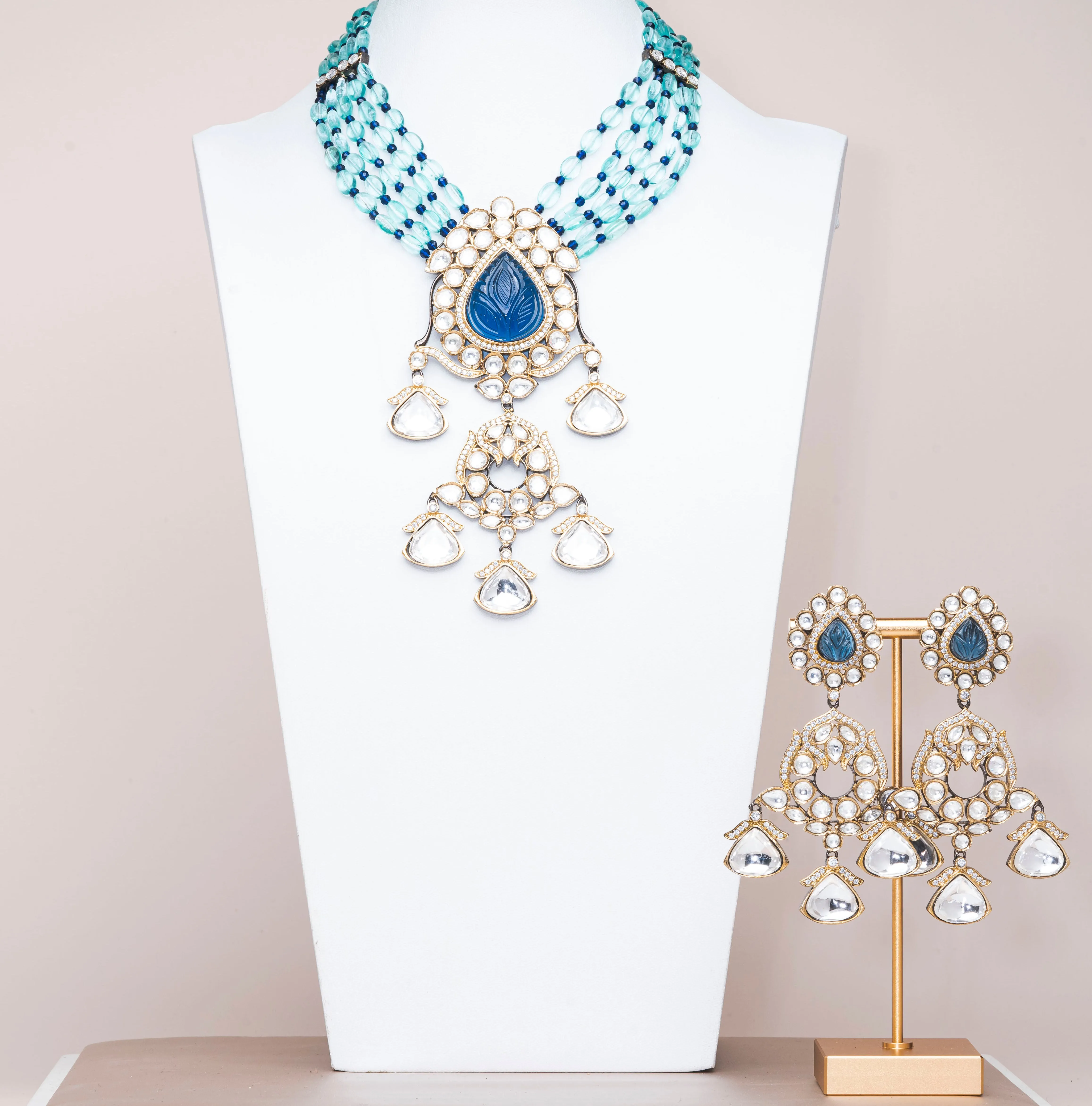 Hadia Blue Ombré Luxury Mala & Earring Set By Jaipur Rose Luxury Indian Jewelry Online