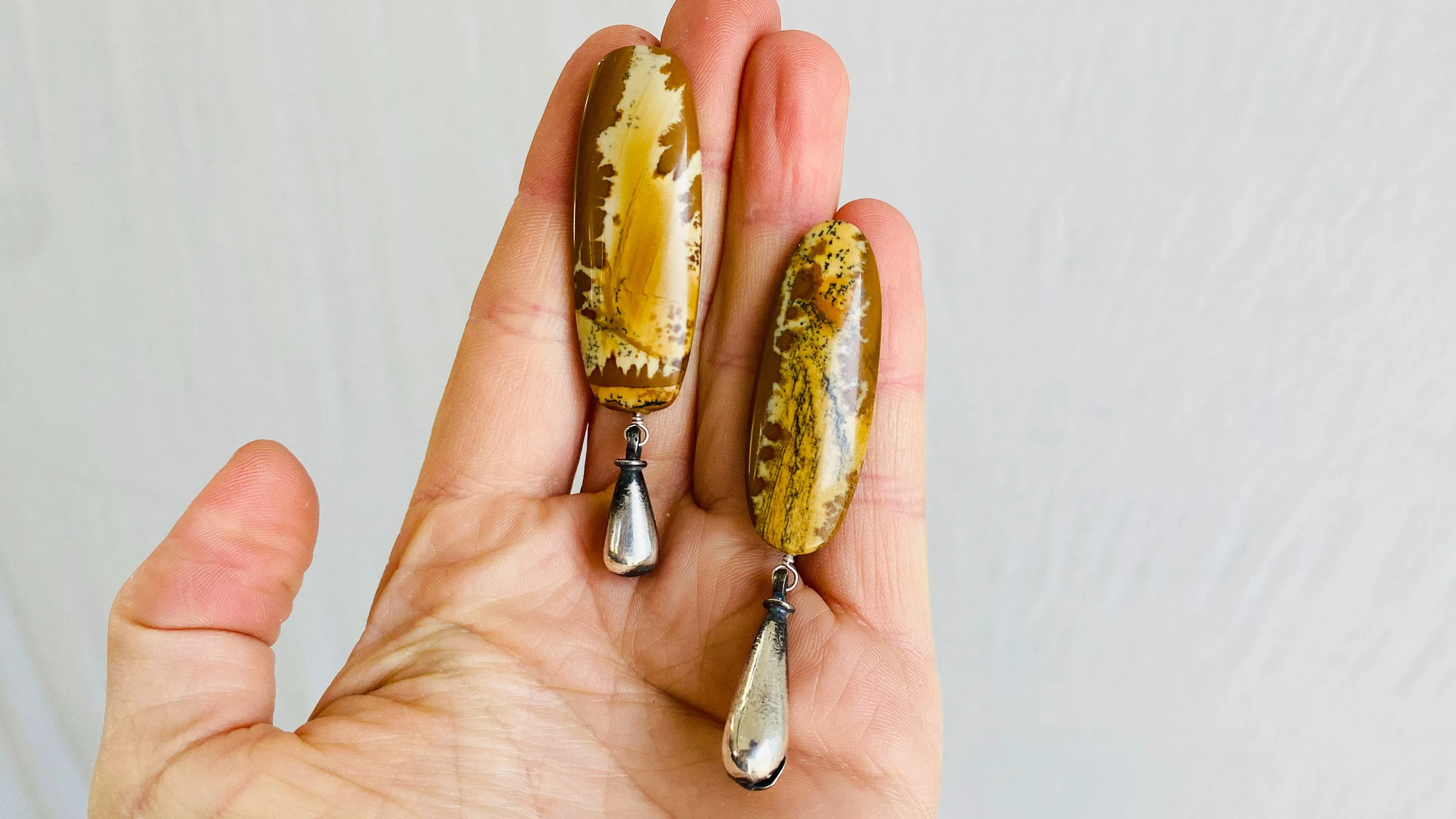 Jasper Asymmetrical Earrings. Monte Alban Reproduction Bells. Sterling Silver