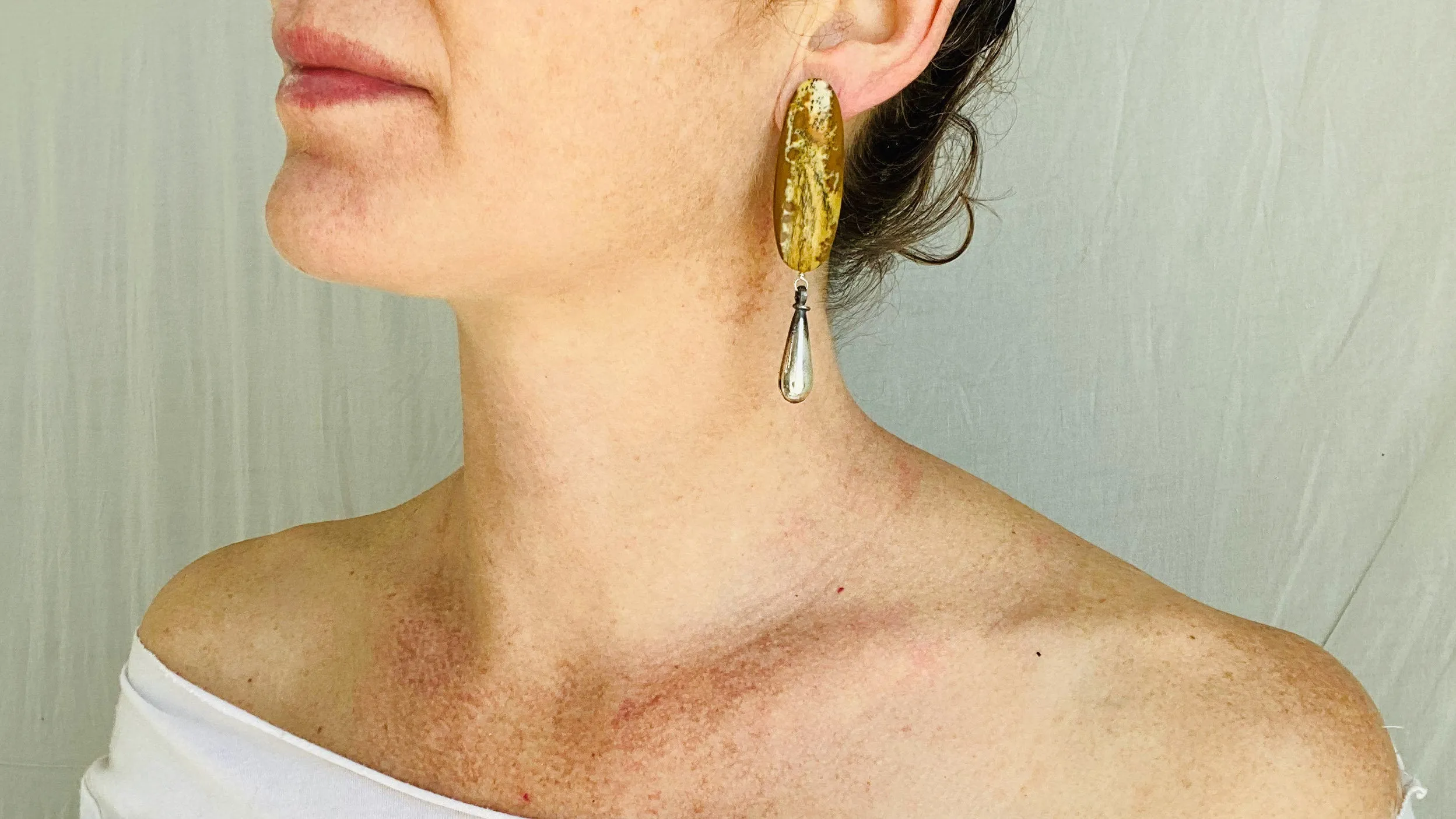 Jasper Asymmetrical Earrings. Monte Alban Reproduction Bells. Sterling Silver