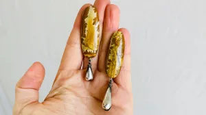 Jasper Asymmetrical Earrings. Monte Alban Reproduction Bells. Sterling Silver