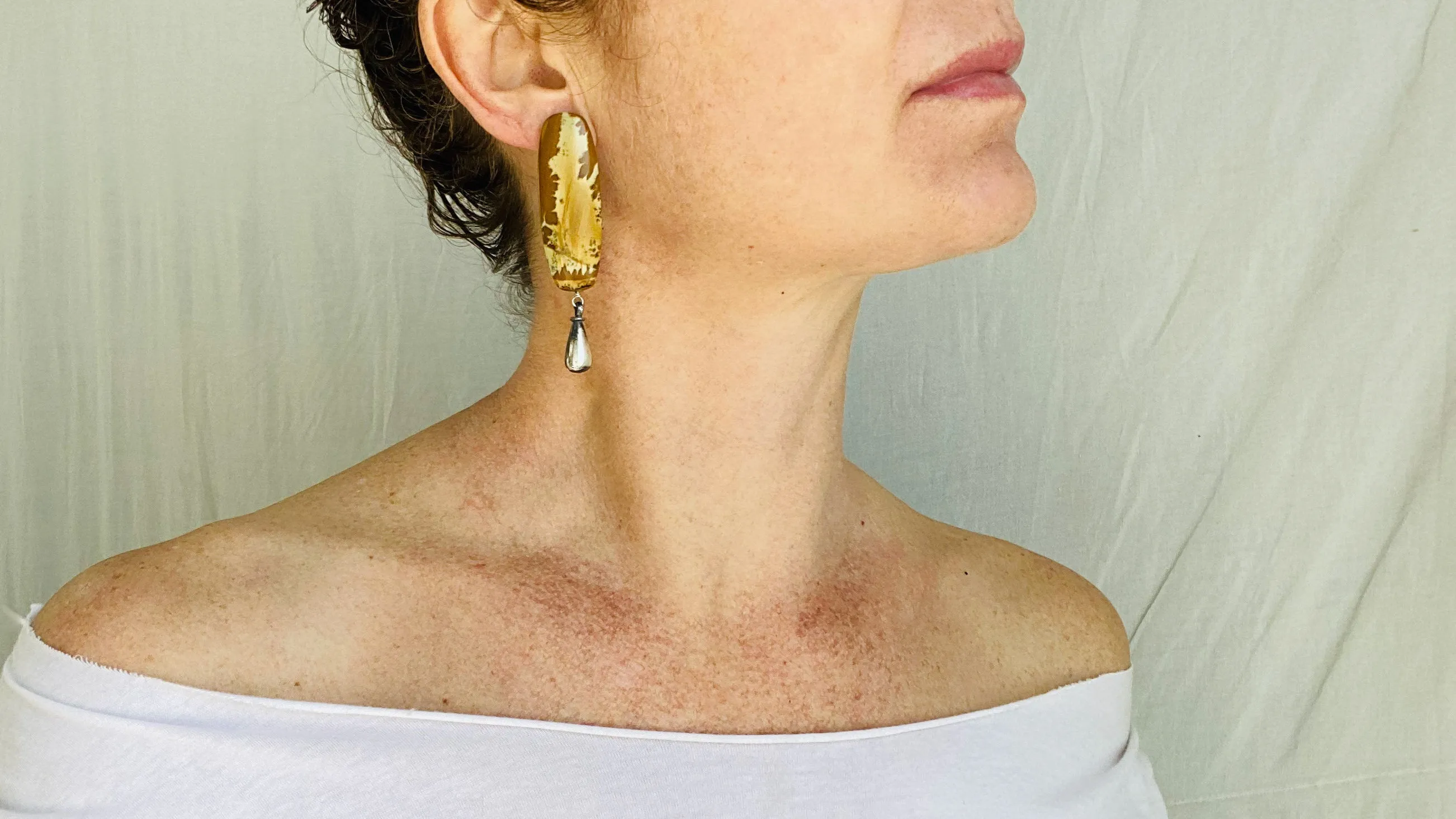 Jasper Asymmetrical Earrings. Monte Alban Reproduction Bells. Sterling Silver