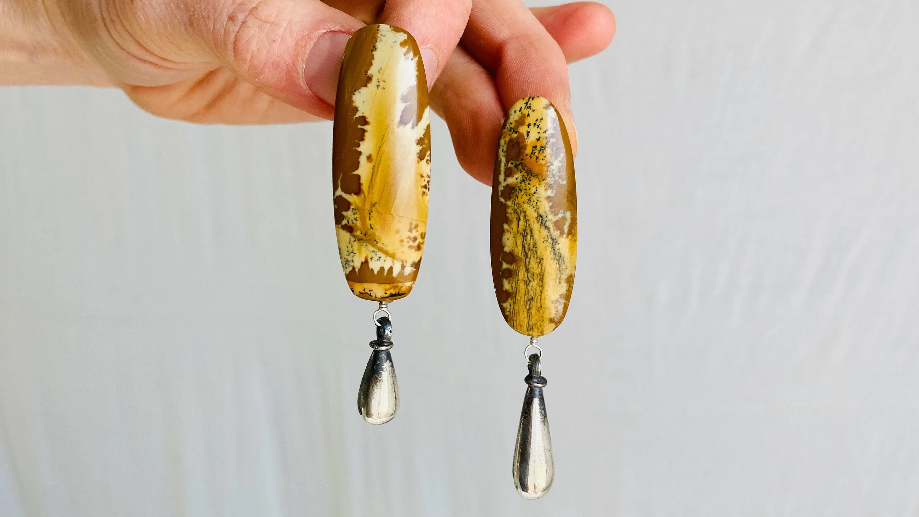 Jasper Asymmetrical Earrings. Monte Alban Reproduction Bells. Sterling Silver