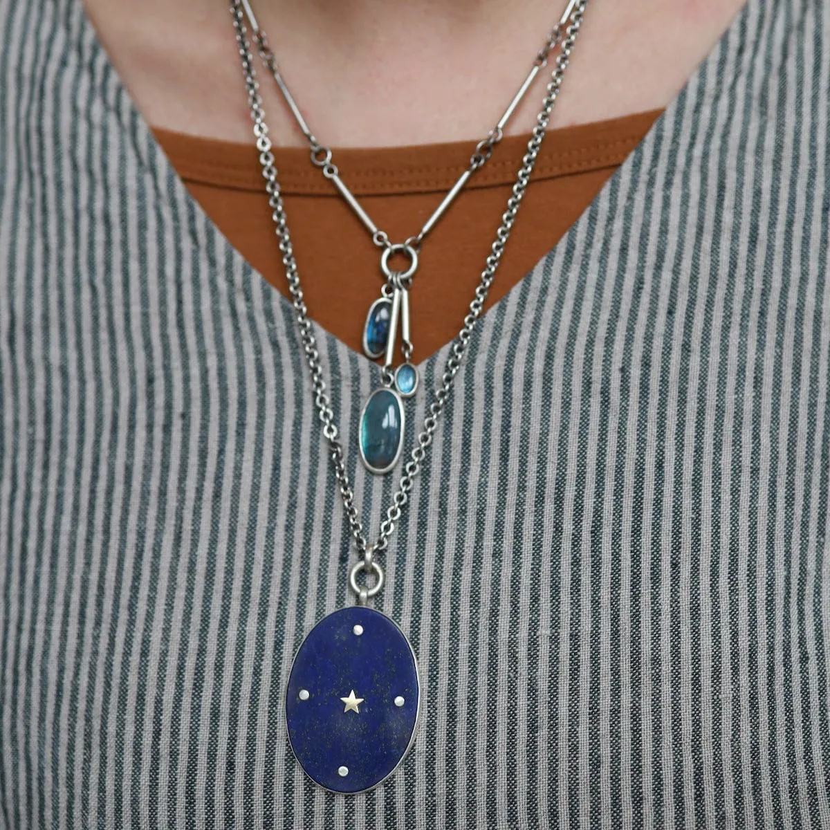 Large Oval Lapis Pendant Necklace with Gold Star