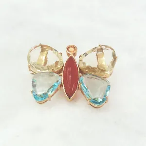 Lemon Quartz, Citrine, Carnelian & Blue Topaz Butterfly Brooch Pin