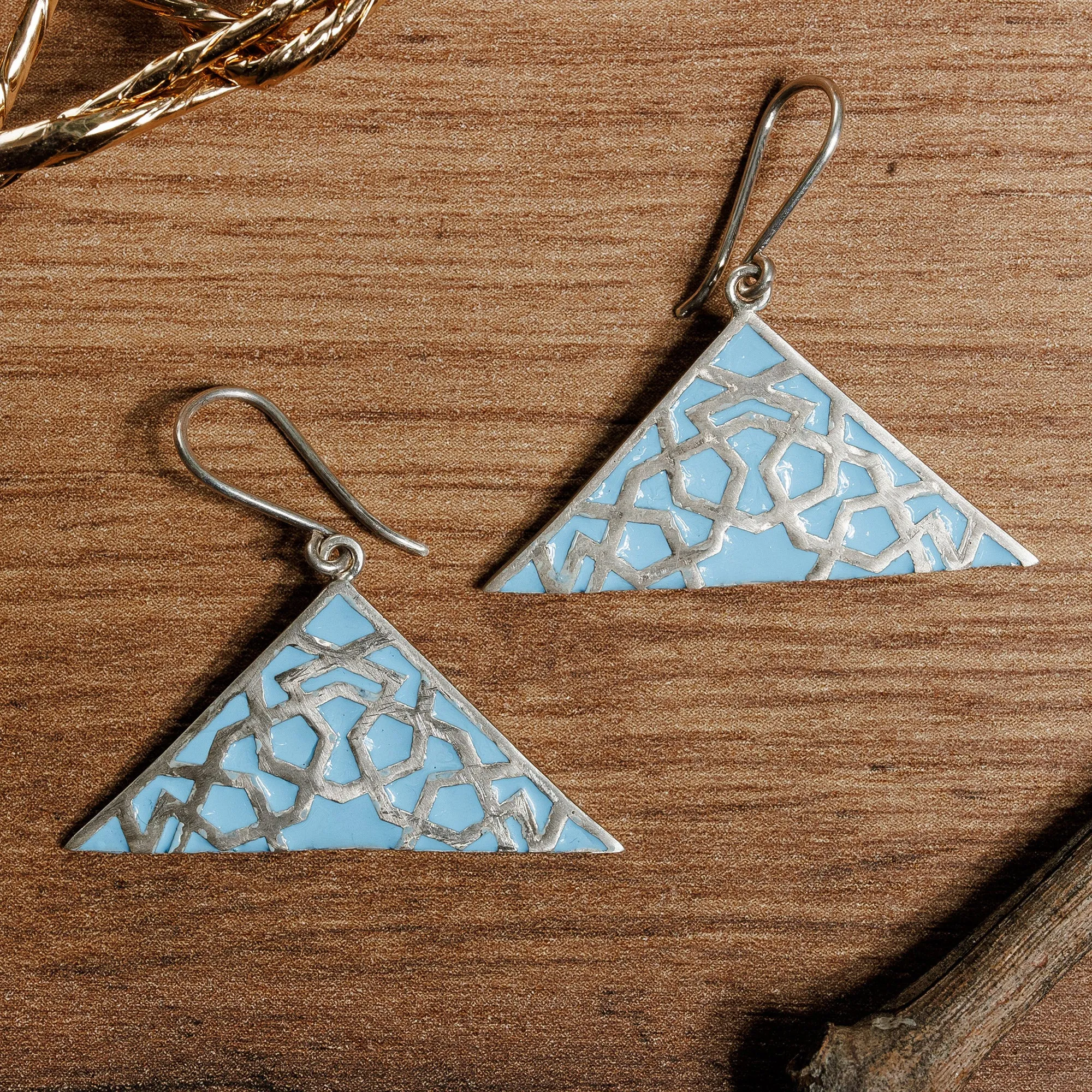 Modern Hand-Painted Sterling Silver Triangle Dangle Earrings - Modern Triangle | NOVICA