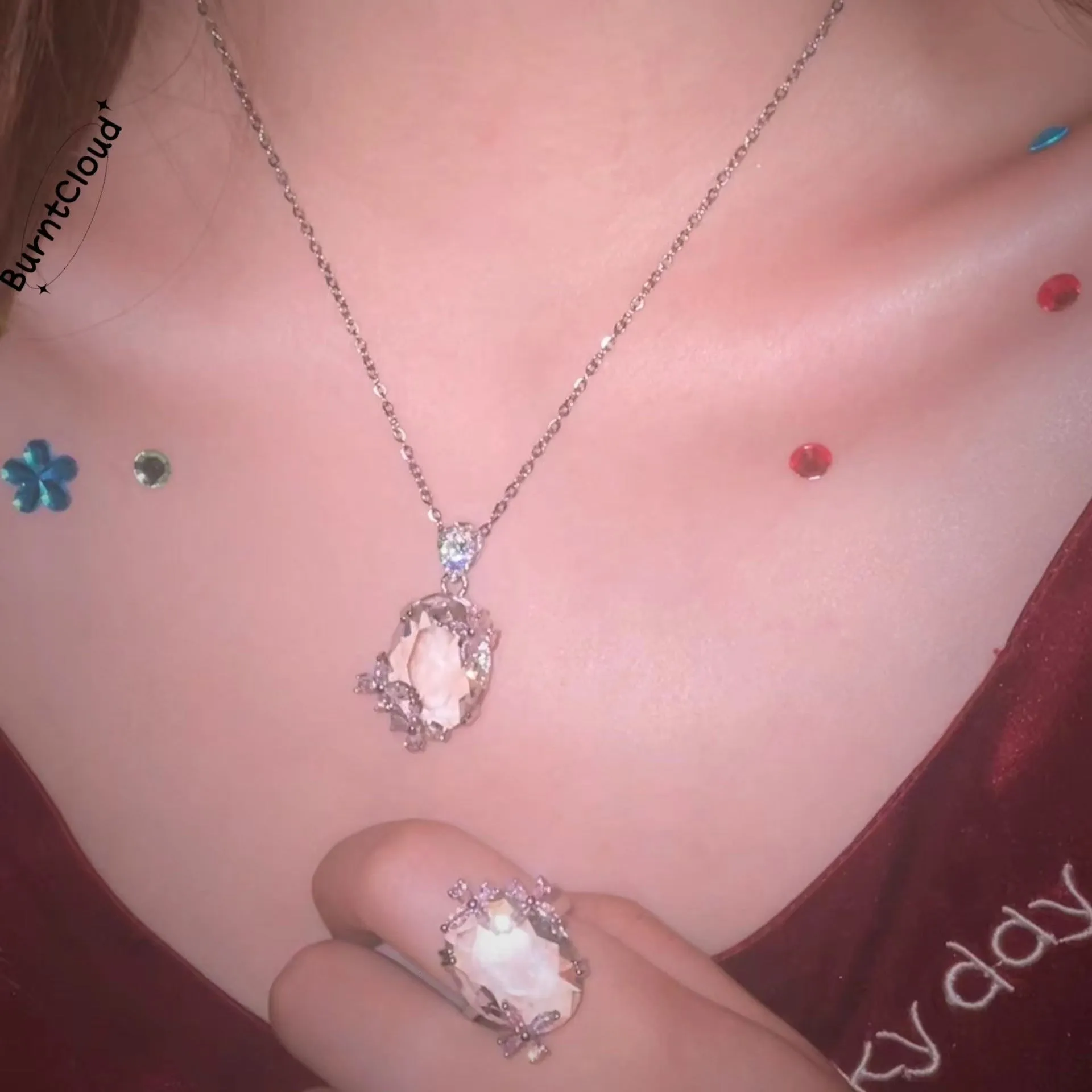 N50 Clear Crstal Pink Floral Pendant/Necklace