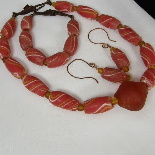Orange Handmade African Trade Bead Jewelry Set