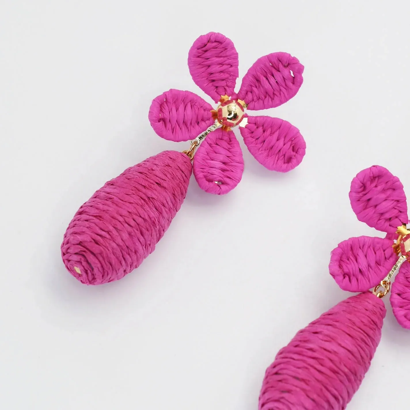 Raffia Flower Earrings - Hot Pink