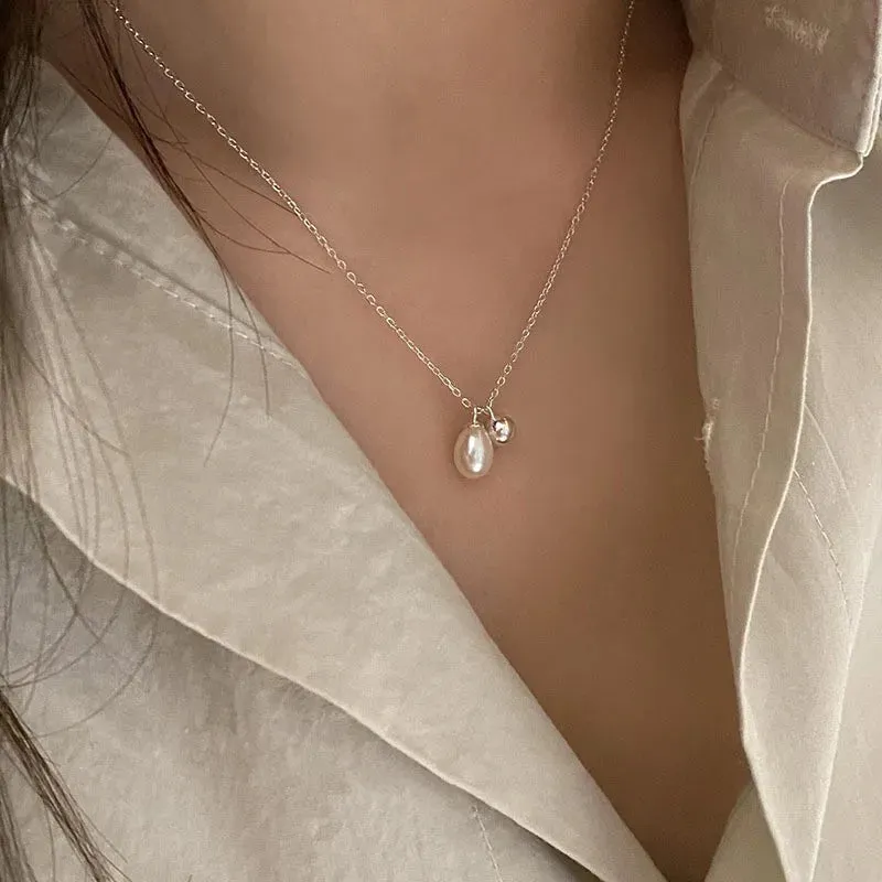 VAIGE 925 Sterling Silver Simple Crystal Pendant Clavicle Chain Necklace with Light Luxury Design and 14k Gold Accents