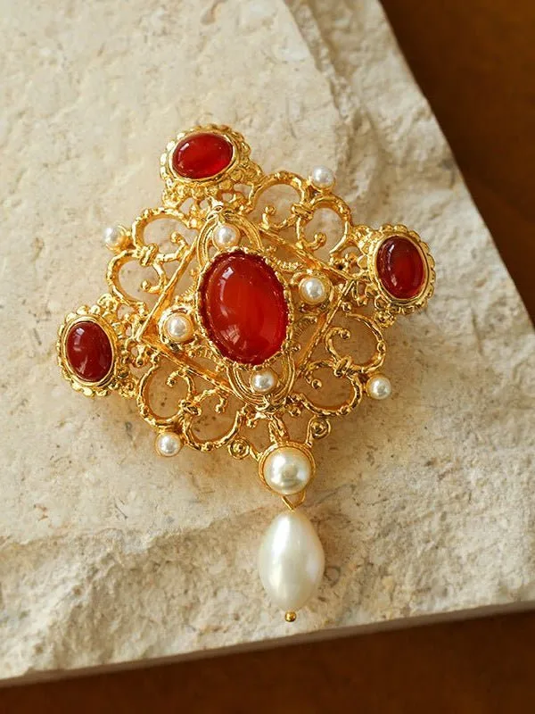 Vintage Courtly Elegance: Red Agate and Pearl Brooch