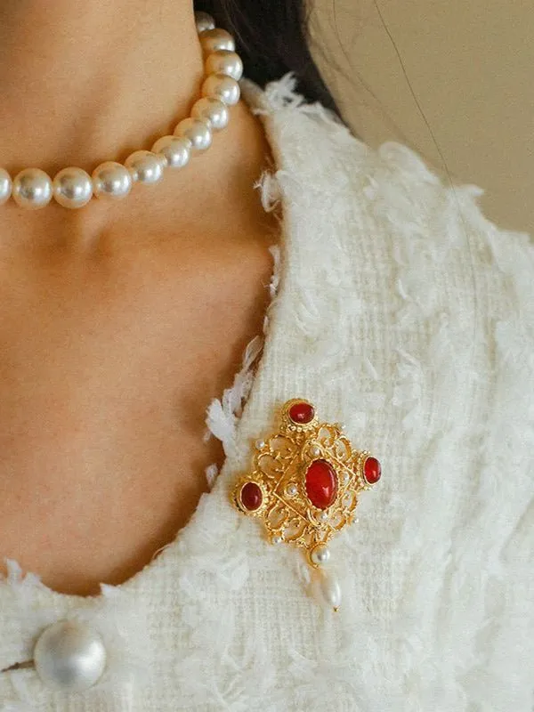 Vintage Courtly Elegance: Red Agate and Pearl Brooch