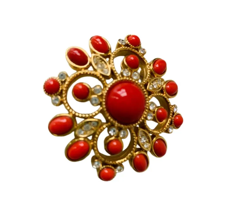 Vintage Orange and Gold Tone Sunburst Brooch