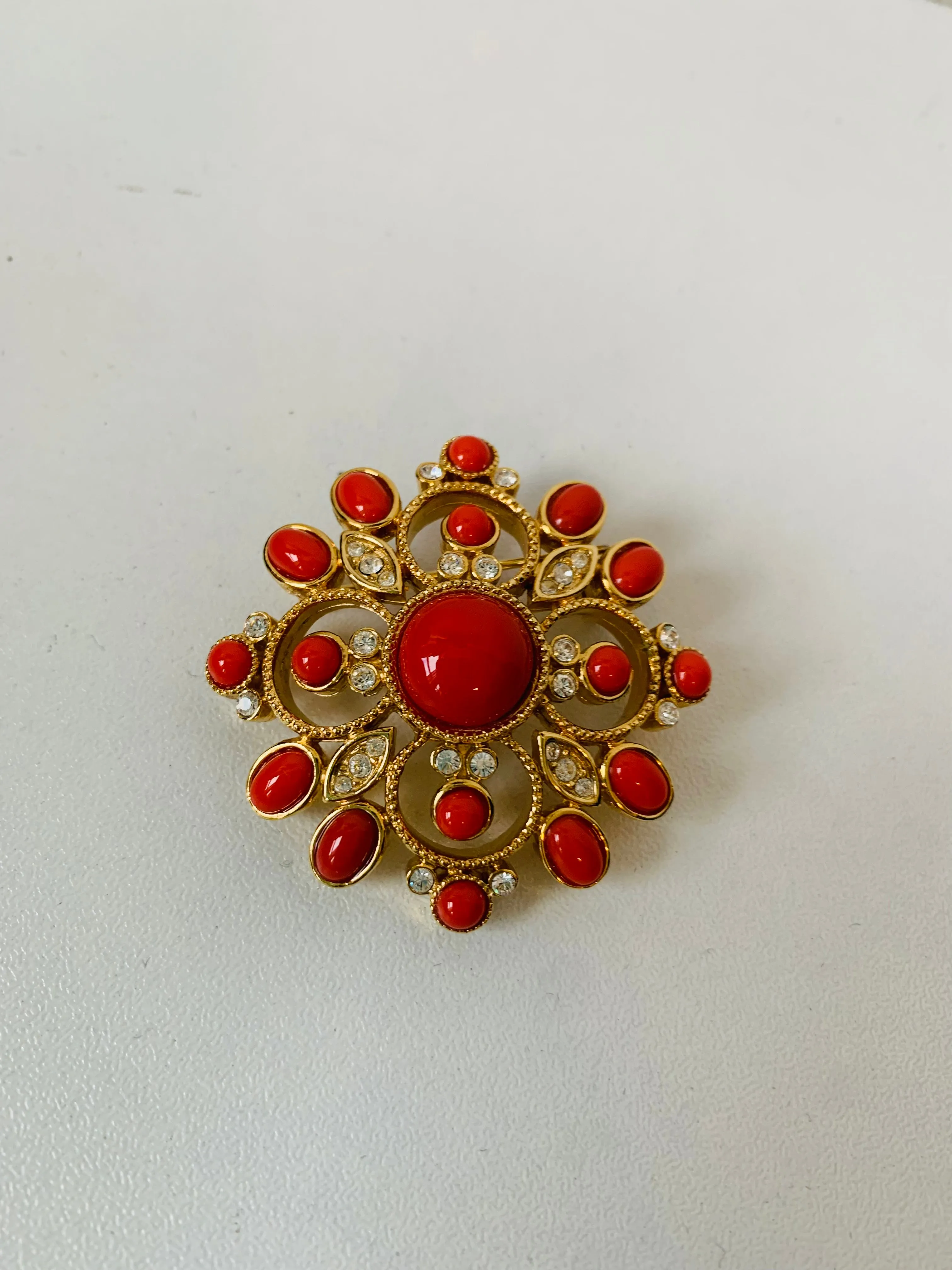 Vintage Orange and Gold Tone Sunburst Brooch
