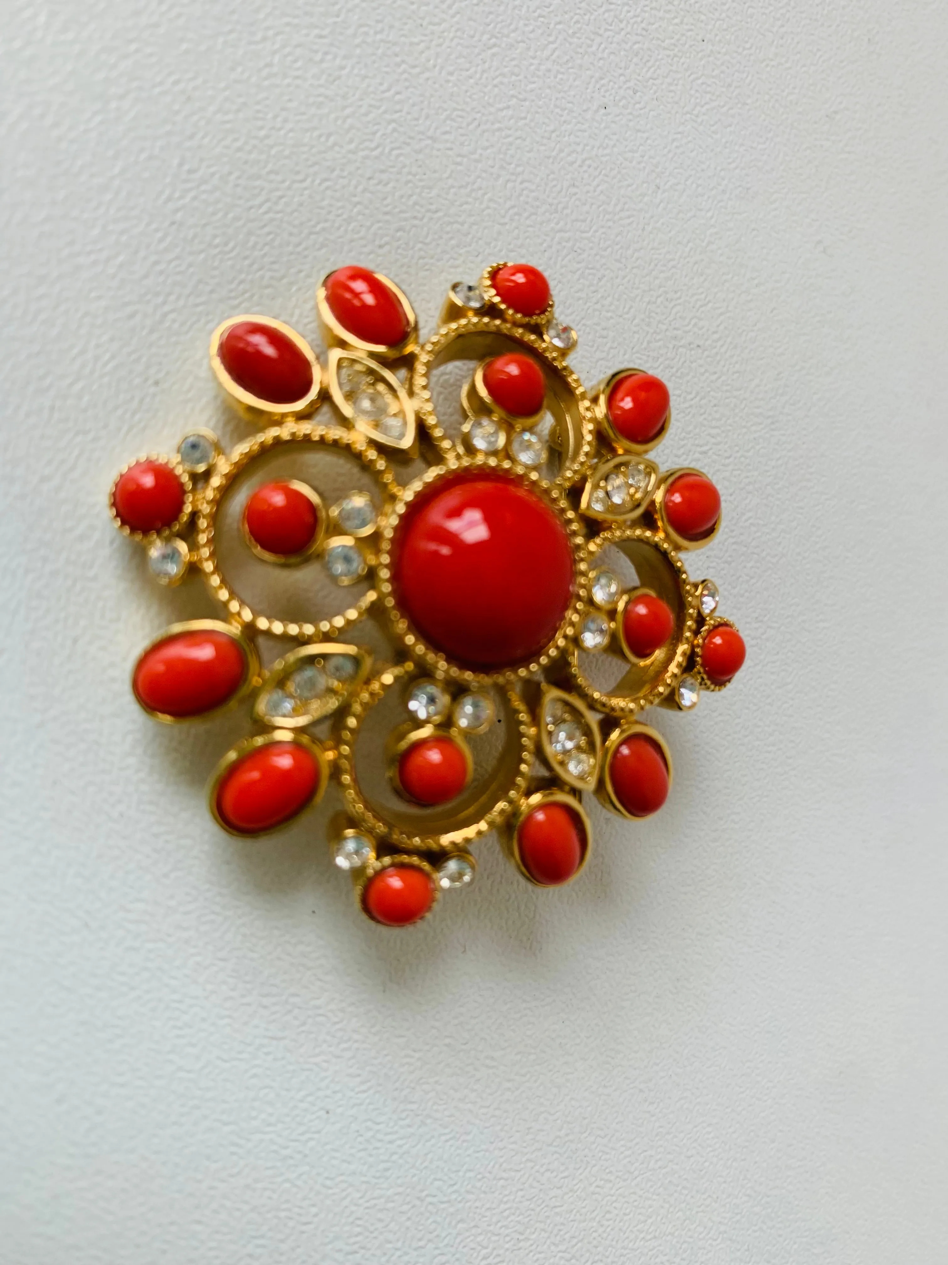 Vintage Orange and Gold Tone Sunburst Brooch
